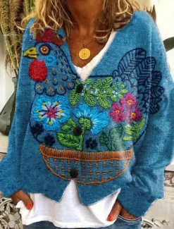 Hot Women's Cardigan Sweater Knitted Ribbed Button Front V NeckLong Sleeve Lightweight Elegant Vacation Vintage Floral Print Regular Tops Knit Home Daily Holiday Blue Orange Fall Women Cardigans & Outerwears