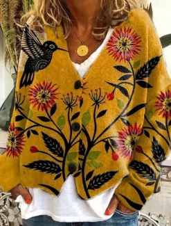 Hot Women's Cardigan Sweater Knitted Ribbed Button Front V NeckLong Sleeve Lightweight Elegant Vacation Vintage Floral Print Regular Tops Knit Home Daily Holiday Blue Orange Fall Women Cardigans & Outerwears