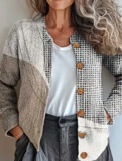 Discount Women's Cardigan Sweater Knitted Ribbed Button Front Round Neck Long Sleeve Lightweight Vintage Floral Crew Neck Print Regular Tops Knit Outdoor Home Daily Yellow Light Brown Fall Winter Women Cardigans & Outerwears