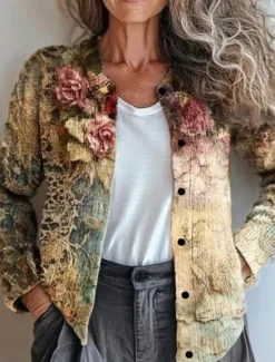 Discount Women's Cardigan Sweater Knitted Ribbed Button Front Round Neck Long Sleeve Lightweight Vintage Floral Crew Neck Print Regular Tops Knit Outdoor Home Daily Yellow Light Brown Fall Winter Women Cardigans & Outerwears
