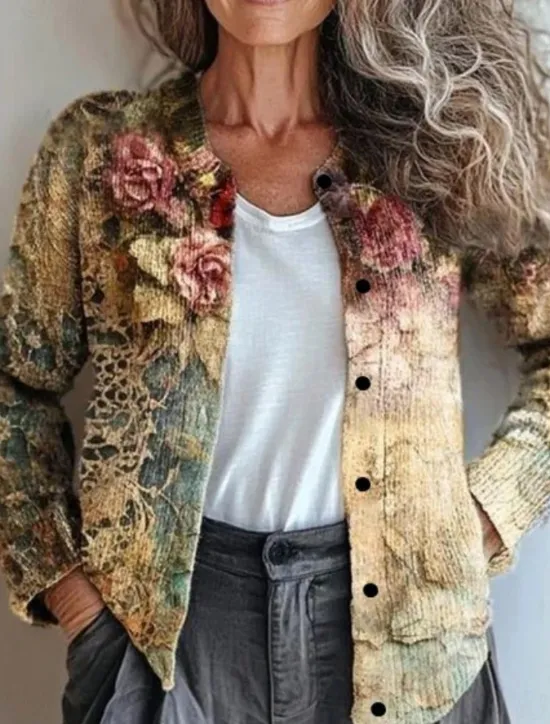 Discount Women's Cardigan Sweater Knitted Ribbed Button Front Round Neck Long Sleeve Lightweight Vintage Floral Crew Neck Print Regular Tops Knit Outdoor Home Daily Yellow Light Brown Fall Winter Women Cardigans & Outerwears