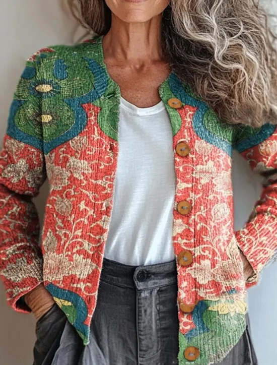 Discount Women's Cardigan Sweater Knitted Ribbed Button Front Round Neck Long Sleeve Lightweight Vintage Floral Crew Neck Print Regular Tops Knit Outdoor Home Daily Yellow Light Brown Fall Winter Women Cardigans & Outerwears