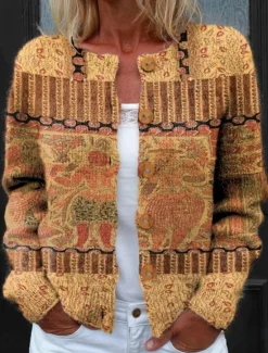 Clearance Women's Cardigan Sweater Knitted Ribbed Button Front Round Neck Long Sleeve Lightweight Elegant Vintage Daily Floral Graphic Geometric rint Knit Outdoor Daily Holiday Black Purple Spring Fall Women Cardigans & Outerwears