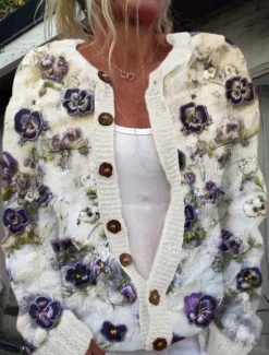 Discount Women's Cardigan Sweater Knitted Ribbed Button Front Round Neck Long Sleeve Lightweight Elegant Fashion Streetwear Floral Crew Neck Print Knit Outdoor Daily Weekend White Blue Fall Winter Women Cardigans & Outerwears
