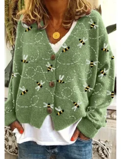 Outlet Women's Cardigan Sweater Knitted Ribbed Button Front V Neck Long Sleeve Lightweight Elegant Streetwear Graphic Geometric Buttons Print Tops Knit Outdoor Daily Weekend Navy Blue Blue Spring Fall Women Cardigans & Outerwears