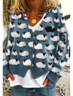 Outlet Women's Cardigan Sweater Knitted Ribbed Button Front V Neck Long Sleeve Lightweight Elegant Streetwear Graphic Geometric Buttons Print Tops Knit Outdoor Daily Weekend Navy Blue Blue Spring Fall Women Cardigans & Outerwears
