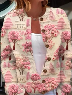 Sale Women's Cardigan Sweater Knitted Ribbed Button Front Round Neck Long Sleeve Lightweight female Daily Graphic Animal Crew Neck Print Regular Tops Knit Weekend Fall Winter Women Cardigans & Outerwears