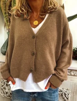 New Women's Cardigan Sweater Knitted Ribbed Button Front V NeckLong Sleeve Lightweight Elegant Fashion Streetwear Pure Color Regular Tops Knit Outdoor Daily Weekend Black Red Fall Winter Women Cardigans & Outerwears