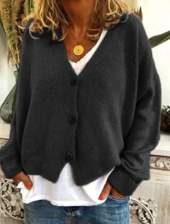 New Women's Cardigan Sweater Knitted Ribbed Button Front V NeckLong Sleeve Lightweight Elegant Fashion Streetwear Pure Color Regular Tops Knit Outdoor Daily Weekend Black Red Fall Winter Women Cardigans & Outerwears