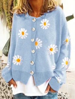 Women's Cardigan Sweater Knitted Ribbed Button Front Round Neck Long Sleeve Lightweight Elegant Fashion Streetwear Daisy Crew Neck Print Regular Tops Knit Outdoor Daily Weekend Black Blue Fall Winter Women Cardigans & Outerwears