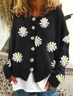 Women's Cardigan Sweater Knitted Ribbed Button Front Round Neck Long Sleeve Lightweight Elegant Fashion Streetwear Daisy Crew Neck Print Regular Tops Knit Outdoor Daily Weekend Black Blue Fall Winter Women Cardigans & Outerwears