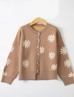 Women's Cardigan Sweater Knitted Ribbed Button Front Round Neck Long Sleeve Lightweight Elegant Fashion Streetwear Daisy Crew Neck Print Regular Tops Knit Outdoor Daily Weekend Black Blue Fall Winter Women Cardigans & Outerwears