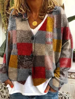 Online Women's Cardigan Sweater Knitted Ribbed Button Front V NeckLong Sleeve Lightweight Fashion Streetwear Casual Graphic Geometric Plaid Buttons Print Knit Outdoor Daily Weekend Black Red Fall Winter Women Cardigans & Outerwears