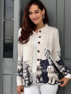 Hot Women's Cardigan Sweater Knitted Ribbed Button Front Round Neck Long Sleeve Lightweight female Daily Graphic Crew Neck Print Regular Tops Knit Weekend Pink Khaki Fall Winter Women Cardigans & Outerwears