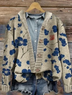 Online Women's Cardigan Sweater Knitted Ribbed Button Front Round Neck Long Sleeve Lightweight Elegant Fashion Streetwear Floral Hooded Buttons Regular Tops Knit Outdoor Daily Weekend Pink Blue Fall Winter Women Cardigans & Outerwears