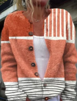 New Women's Cardigan Sweater Knitted Ribbed Button Front Round Neck Long Sleeve Lightweight Elegant Fashion Streetwear Geometric Color Block Print Knit Outdoor Daily Weekend Black Yellow Fall Winter Women Cardigans & Outerwears
