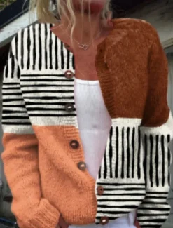 New Women's Cardigan Sweater Knitted Ribbed Button Front Round Neck Long Sleeve Lightweight Elegant Fashion Streetwear Geometric Color Block Print Knit Outdoor Daily Weekend Black Yellow Fall Winter Women Cardigans & Outerwears