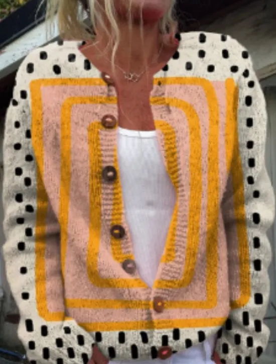 New Women's Cardigan Sweater Knitted Ribbed Button Front Round Neck Long Sleeve Lightweight Elegant Fashion Streetwear Geometric Color Block Print Knit Outdoor Daily Weekend Black Yellow Fall Winter Women Cardigans & Outerwears