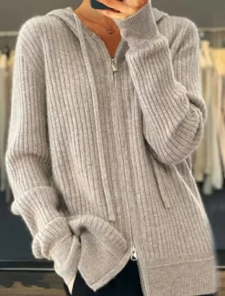 Sale Women's Cardigan Sweater Stylish Casual Soft Solid Color Ribbed Hooded Zipper Long Sleeve Regular Tops Knit Outdoor Daily Going out Black Camel Fall Winter Women Cardigans & Outerwears