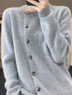 Clearance Women's Cardigan Sweater Stylish Casual Soft Solid Color Ribbed Crew Neck Patchwork Buttons Long Sleeve Regular Tops Knit Daily Going out Weekend Black Beige Fall Winter Women Cardigans & Outerwears
