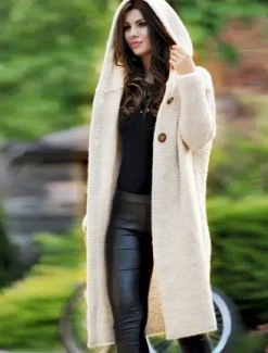 Best Women's Cardigan Sweater Stylish Basic Casual Solid Color Chunky Hooded Buttons Knitted Long Sleeve Long Tops Knit Daily Yellow Blue Fall Winter Women Cardigans & Outerwears
