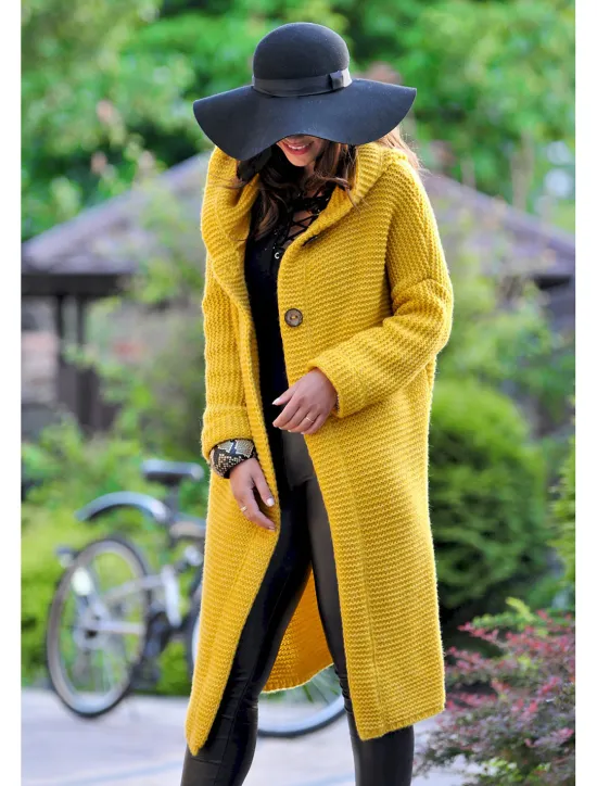 Best Women's Cardigan Sweater Stylish Basic Casual Solid Color Chunky Hooded Buttons Knitted Long Sleeve Long Tops Knit Daily Yellow Blue Fall Winter Women Cardigans & Outerwears