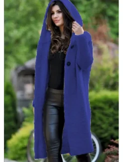 Best Women's Cardigan Sweater Stylish Basic Casual Solid Color Chunky Hooded Buttons Knitted Long Sleeve Long Tops Knit Daily Yellow Blue Fall Winter Women Cardigans & Outerwears