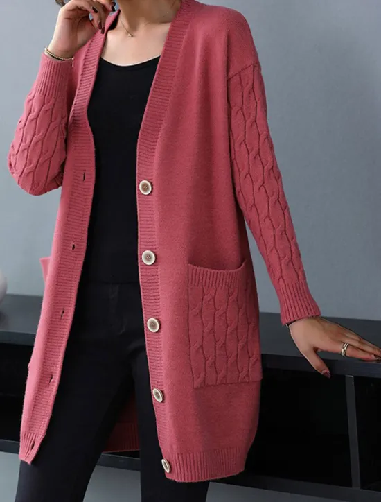 Best Women's Cardigan Sweater Stylish Casual Soft Solid Color Cable V Neck Buttons Pocket Long Sleeve Long Tops Knit Outdoor Daily Going out Black Red Fall Winter Women Cardigans & Outerwears