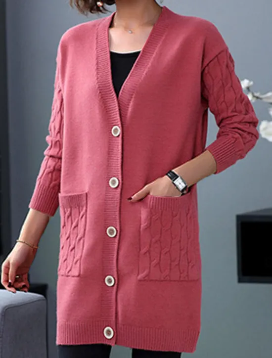 Best Women's Cardigan Sweater Stylish Casual Soft Solid Color Cable V Neck Buttons Pocket Long Sleeve Long Tops Knit Outdoor Daily Going out Black Red Fall Winter Women Cardigans & Outerwears