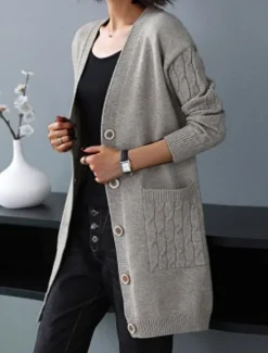 Best Women's Cardigan Sweater Stylish Casual Soft Solid Color Cable V Neck Buttons Pocket Long Sleeve Long Tops Knit Outdoor Daily Going out Black Red Fall Winter Women Cardigans & Outerwears