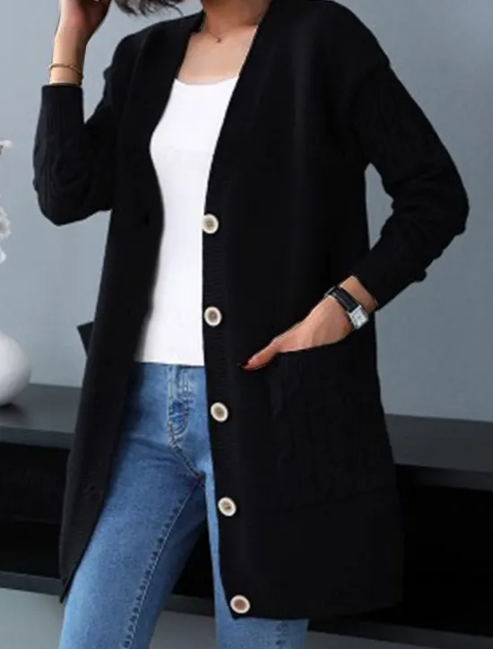 Best Women's Cardigan Sweater Stylish Casual Soft Solid Color Cable V Neck Buttons Pocket Long Sleeve Long Tops Knit Outdoor Daily Going out Black Red Fall Winter Women Cardigans & Outerwears