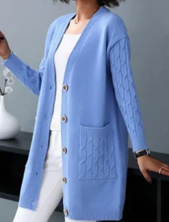 Best Women's Cardigan Sweater Stylish Casual Soft Solid Color Cable V Neck Buttons Pocket Long Sleeve Long Tops Knit Outdoor Daily Going out Black Red Fall Winter Women Cardigans & Outerwears