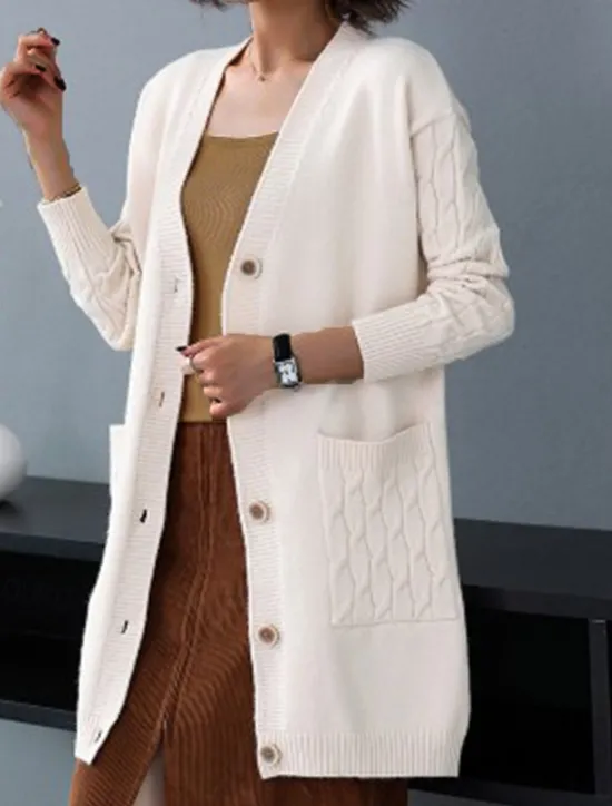 Best Women's Cardigan Sweater Stylish Casual Soft Solid Color Cable V Neck Buttons Pocket Long Sleeve Long Tops Knit Outdoor Daily Going out Black Red Fall Winter Women Cardigans & Outerwears