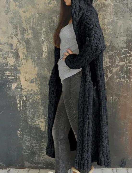 Hot Women's Cardigan Sweater Stylish Casual Soft Solid Color Cable Hooded Pocket Hooded Long Sleeve Long Tops Knit Outdoor Daily Going out Black Yellow Fall Winter Women Cardigans & Outerwears