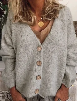 Women's Cardigan V Neck Knit Knitted Textured Fall Winter New Year Work Streetwear Casual Long Sleeve Solid Color Women Cardigans & Outerwears