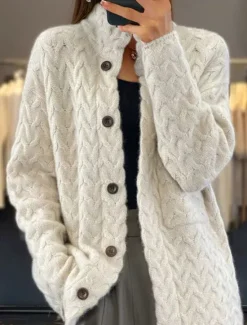 Women's Cardigan Vintage Fashion Casual Solid Color Cable Stand Collar Buttons Knitted Long Sleeve Regular Tops Knit Outdoor Daily Going out Blue Camel Fall Winter Women Cardigans & Outerwears