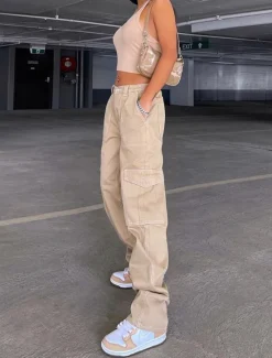 Hot Women's Cargo Pants Fashion Streetwear Full Length High Waist Plain Multi Pocket Comfy Soft Comfortable Micro-elastic Outdoor Street Black Khaki Gray Spring & Fall Regular Fit Women Pants