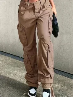 Outlet Women's Cargo Pants Full Length Solid Color Dark-Gray Green Khaki Spring & Fall Women Pants