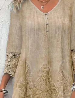 Outlet Women's Casual Dress Boho Lace Detail V-neck Three Quarter Sleeve Vintage Pattern Relaxed Fit Beige Tan Linen Blend Spring Autumn Regular Size Outdoor Daywear Women Casual Dress