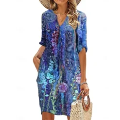 Outlet Women's Casual Dress Ethnic Dress Shift Dress Midi Dress Leopard Black White Half Sleeve Floral Print Summer Spring V Neck Basic Daily Vacation Weekend 2023 S M L XL XXL 3XL Women Floral Dresses|Spring Dresses