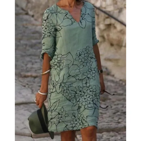 Outlet Women's Casual Dress Ethnic Dress Shift Dress Midi Dress Leopard Black White Half Sleeve Floral Print Summer Spring V Neck Basic Daily Vacation Weekend 2023 S M L XL XXL 3XL Women Floral Dresses|Spring Dresses