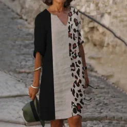Outlet Women's Casual Dress Ethnic Dress Shift Dress Midi Dress Leopard Black White Half Sleeve Floral Print Summer Spring V Neck Basic Daily Vacation Weekend 2023 S M L XL XXL 3XL Women Floral Dresses|Spring Dresses