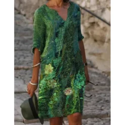 Outlet Women's Casual Dress Ethnic Dress Shift Dress Midi Dress Leopard Black White Half Sleeve Floral Print Summer Spring V Neck Basic Daily Vacation Weekend 2023 S M L XL XXL 3XL Women Floral Dresses|Spring Dresses