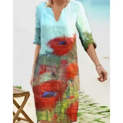 Outlet Women's Casual Dress Ethnic Dress Shift Dress Midi Dress Leopard Black White Half Sleeve Floral Print Summer Spring V Neck Basic Daily Vacation Weekend 2023 S M L XL XXL 3XL Women Floral Dresses|Spring Dresses