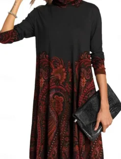 Hot Women's Casual Dress Floral Print Turtleneck Midi Dress Elegant Casual Home Daily Summer Fall Women Work Dresses
