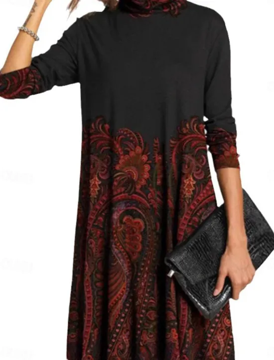 Hot Women's Casual Dress Floral Print Turtleneck Midi Dress Elegant Casual Home Daily Summer Fall Women Work Dresses
