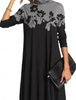 Hot Women's Casual Dress Floral Print Turtleneck Midi Dress Elegant Casual Home Daily Summer Fall Women Work Dresses