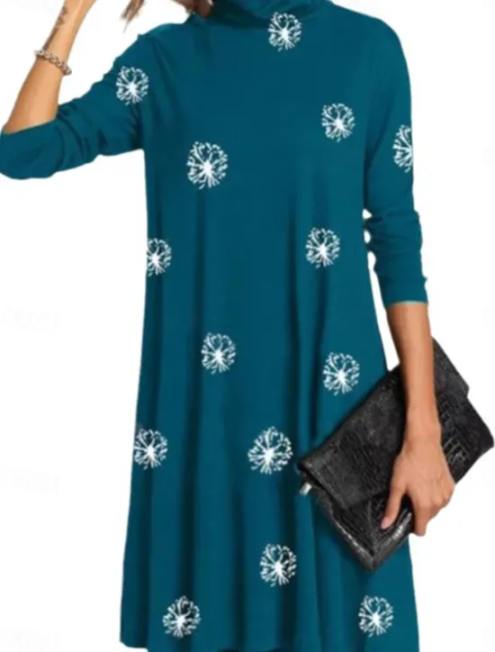 Hot Women's Casual Dress Floral Print Turtleneck Midi Dress Elegant Casual Home Daily Summer Fall Women Work Dresses