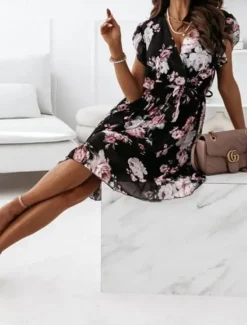 Outlet Women's Casual Dress Floral Print V Neck Mini Dress Stylish Casual Daily Date Short Sleeve Summer Women Spring Dresses