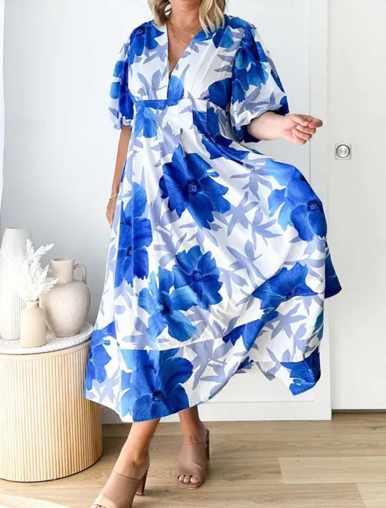 Best Women's Casual Dress Floral Leaf Print V Neck Long Dress Maxi Dress Vacation Short Sleeve Summer Women Spring Dresses